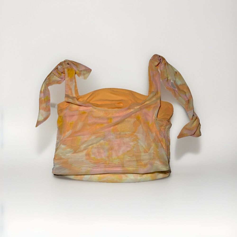 Free People Avenue Printed Ruched Tank Top Large Orange/Ivory Combo Square Neck
